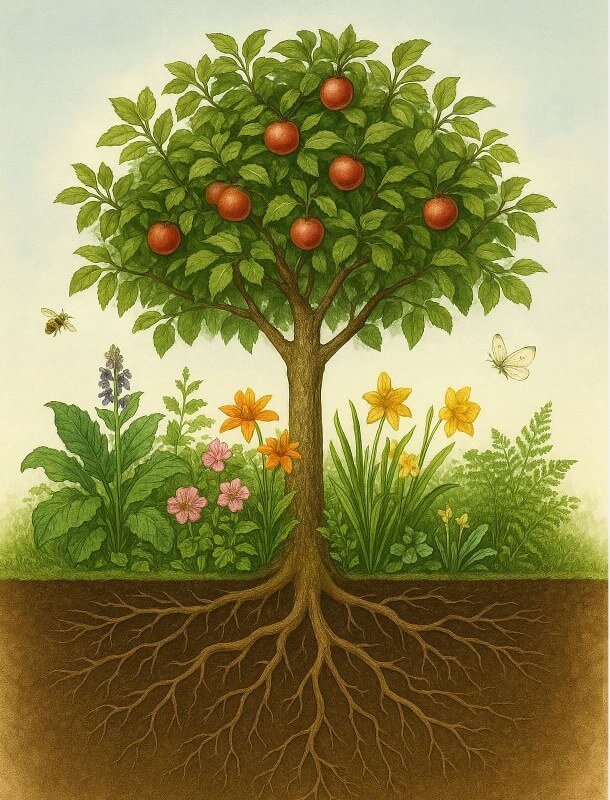 Trvalkové podsadby ovocného stromu.